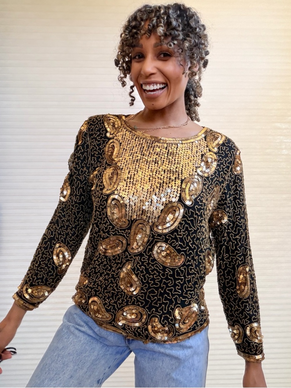 Vintage Joseph Le Bon Gold Sequin Silk Long Sleeve Blouse